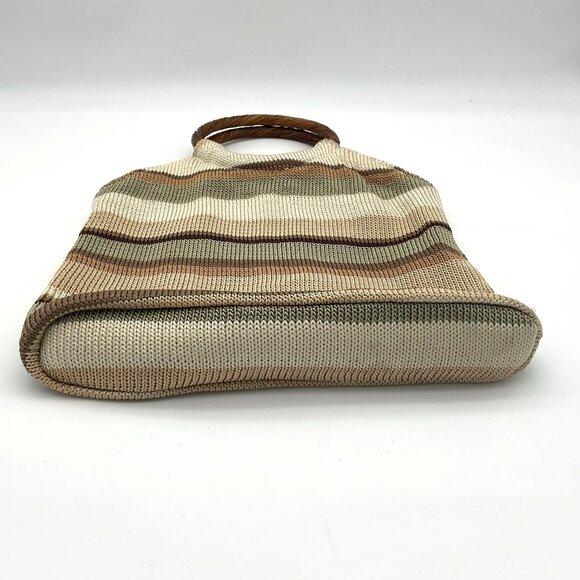 The SAK Lined Crochet Neutral Striped Handbag Faux Wood Ring Handles 10" x 12" - Picture 2 of 5
